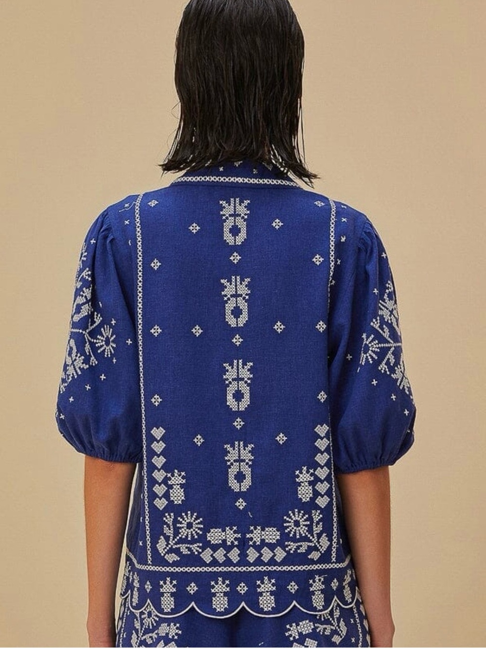 Farm Rio- Blue Embroidered Short-Sleeve Button-Up Shirt - Picture 16 of 16